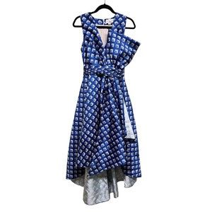 Sachin & Babi Bow Front Plunge Dress Blue Mikado V Neck Sleeveless Size 2
